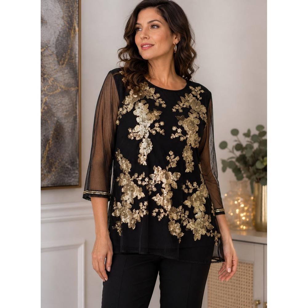 Charter Club Black Sheer Mesh Top Gold‎ Sequin Floral Overlay Women's